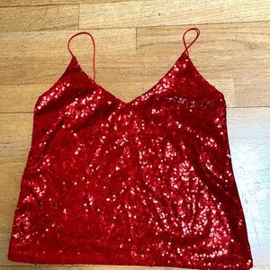 Red Glitter Sequin Cami Tank Top Spaghetti Straps XS NEW